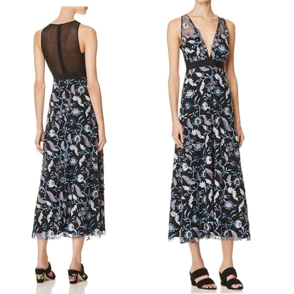 Sandro Floral Embroidered Midi Dress Black Cocktail Party Plunge V-neck Beaded